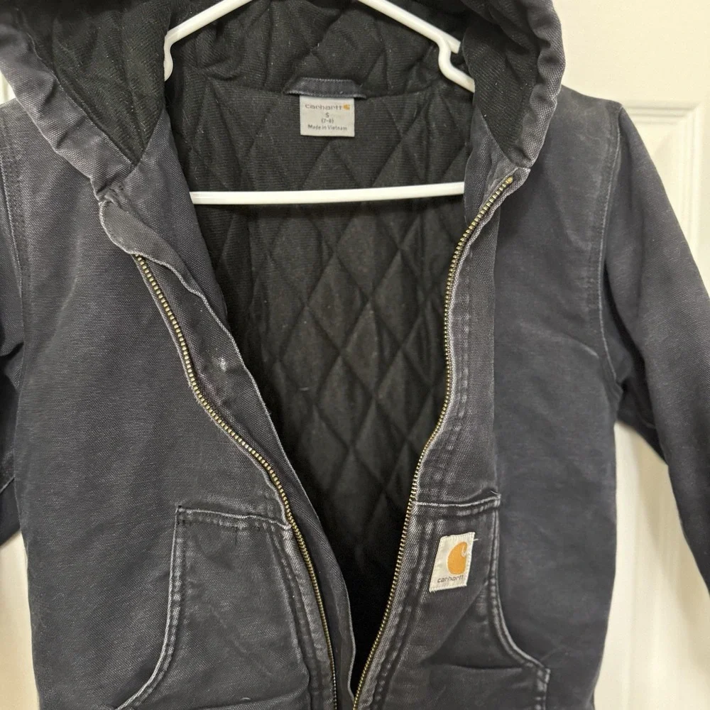 Carhartt Jacket Kids 7-8 Black Canvas Hooded Full Zip Quilted Lined Workwear